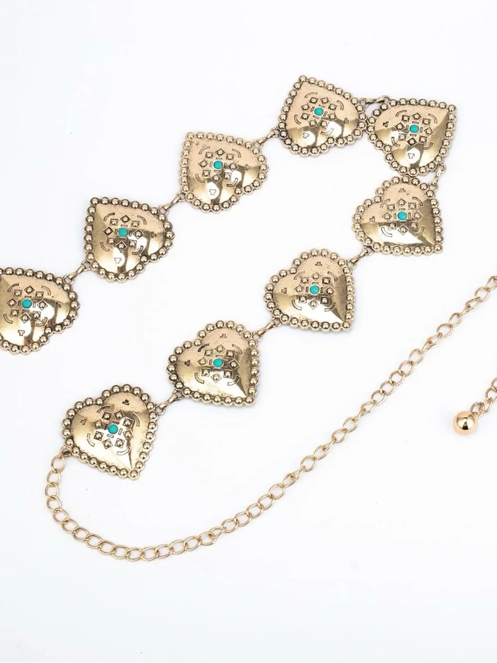 Silver Heart Medallion Chain Belt with Turquoise Accents